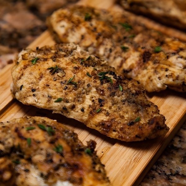 Grilled chicken breasts seasoned with herbs and spices, resting on a wooden cutting board.